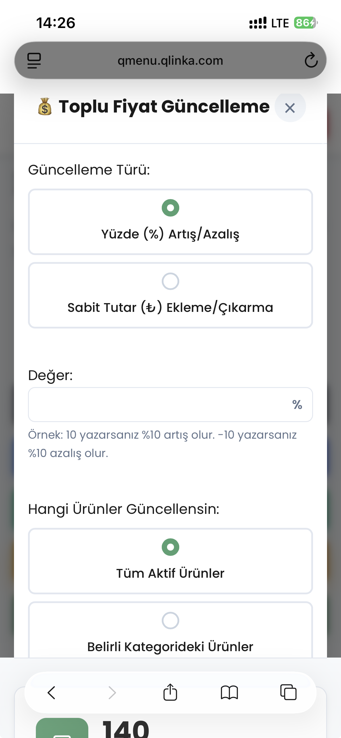 Toplu fiyat güncelleme QMenu arayüz örneği